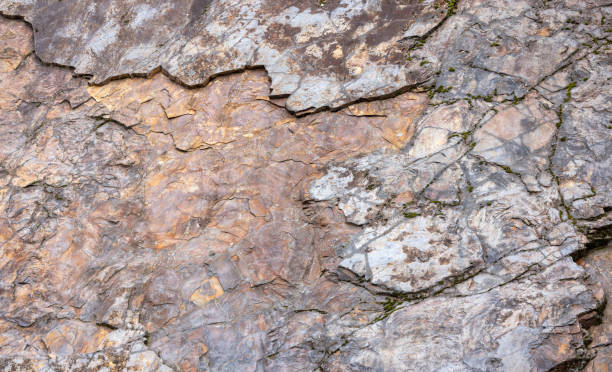 Quartzite sandstone dating from the Lower Cambrian geolocigal era.These are light-colored massive sandstones, interlaced with soft schists.The fluorine deposits result in fascinating color patterns, so these images can be used as pattern backgrounds for hero sections of a website or app.Image taken in the Meuse Valley near Monthermé, France,