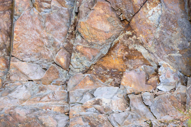 Quartzite sandstone dating from the Lower Cambrian geolocigal era.These are light-colored massive sandstones, interlaced with soft schists.The fluorine deposits result in fascinating color patterns, so these images can be used as pattern backgrounds for hero sections of a website or app.Image taken in the Meuse Valley near Monthermé, France,