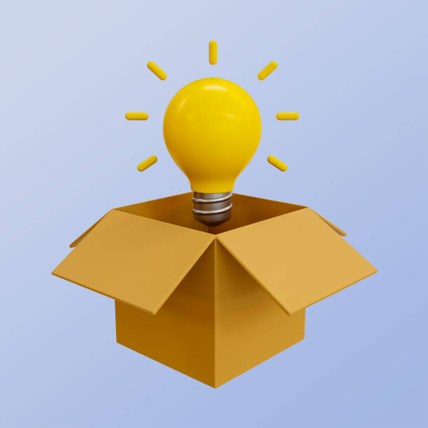 istock 3D illustration of a yellow lightbulb emerging from an open cardboard box. 2156381099