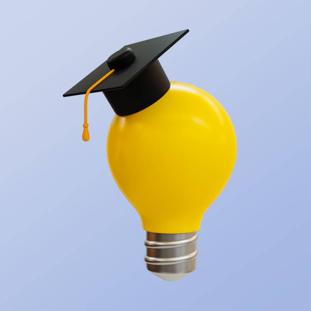 istock 3D illustration of a yellow lightbulb wearing a graduation cap. 2156381114