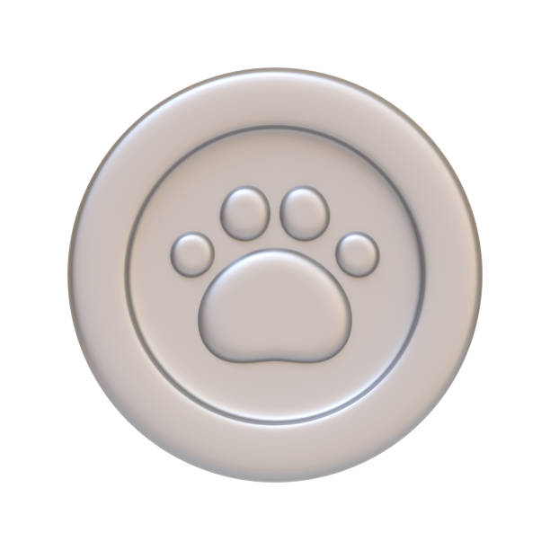Silver coin with cat or dog paw isolated on white background. 3D icon, sign and symbol. Cartoon minimal style. Front view. 3D Render Illustration