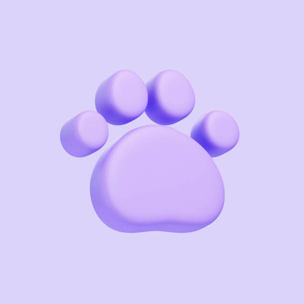 Simplified purple paw print with a soft gradient on a clean background. Icon, sign and symbol. Side view. 3D Render illustration