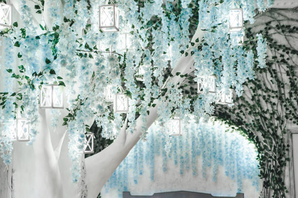 Elegant white tree adorned with blue flowers and lanterns, creating enchanting ambiance. Soft decorative lanterns adds the serene and magical environment. Green leaves and intricate decor add charm