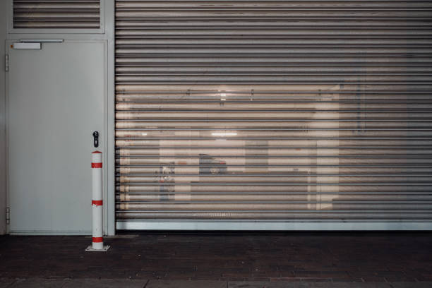 closed roller shutter in front of an underground car park