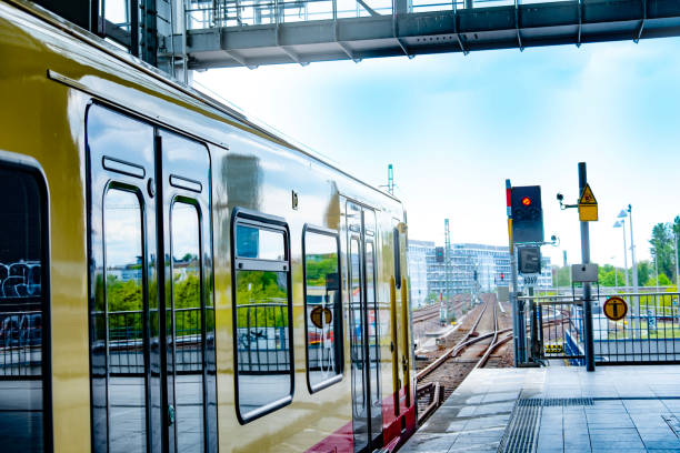 Berlin, Germany - 08 12 2015: Berlin metro underground train approaching station.