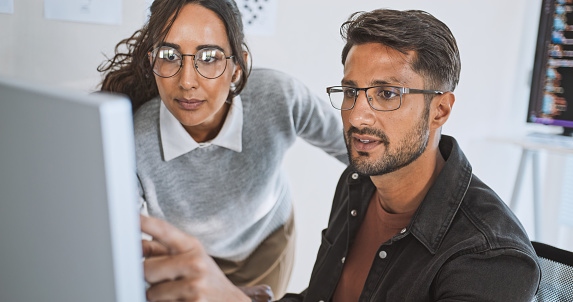 Hispanic Latin American Couple Software Engineer Developer Use Computer ...