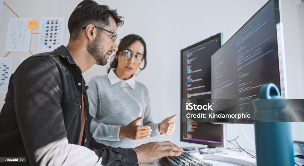 Hispanic Latin American Couple Software Engineer Developer Use Computer ...