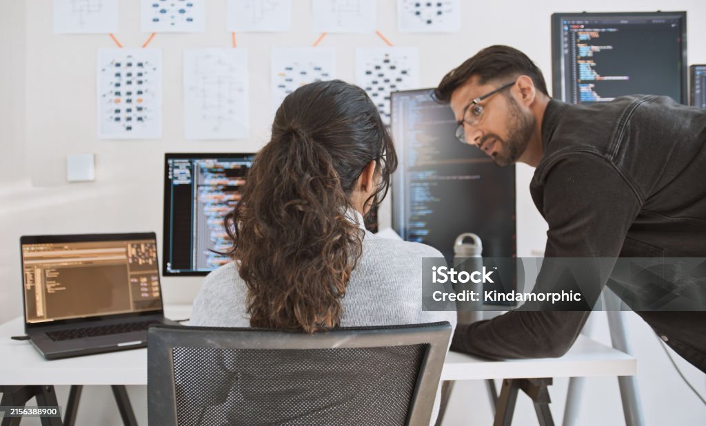 Hispanic Latin American Couple Software Engineer Developer Use Computer ...