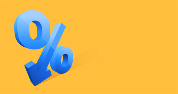 istock Blue 3D Percentage Symbol With Arrow Pointing Down on Yellow Background as Blank Banner for Displaying a Marketing Ad. Vector Illustration. 2156390677