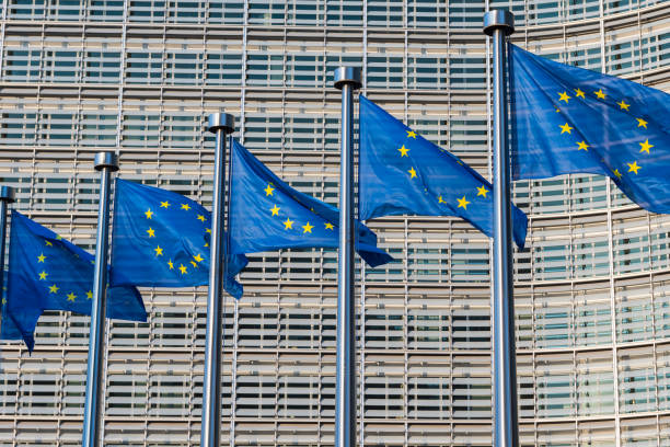 istock Fluttering European Union flags in a row in Brussels, Belgium. 2156397008