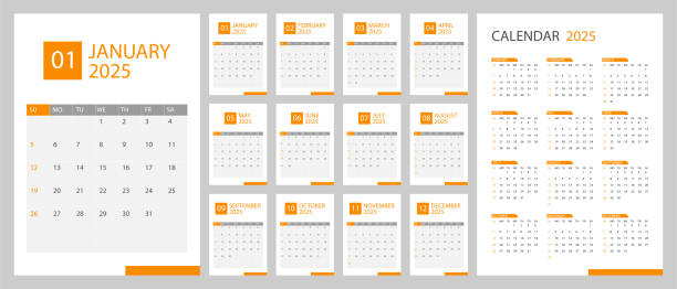 2025 minimal business vertical a4 monats- und jahreskalender. die woche beginnt am sonntag. - tischkalender stock-grafiken, -clipart, -cartoons und -symbole