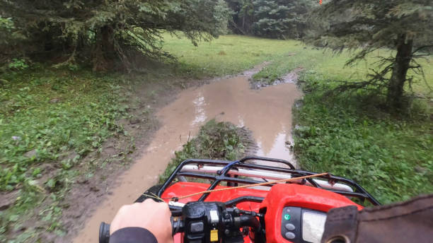 Cute young girl enjoys riding a quadbike to level the dirt around a horse ranch, blending responsibility and fun in a rural setting.
