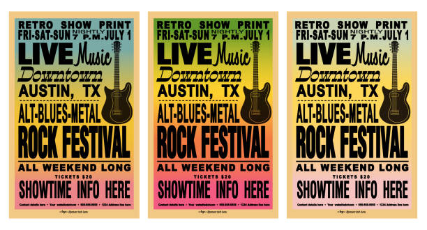 Vector illustration set of Rock Festival Hatch style retro poster typography design template with gradient background and electric guitar. Easy to customize fully editable vector eps. High resolution jpg and vector eps in download.