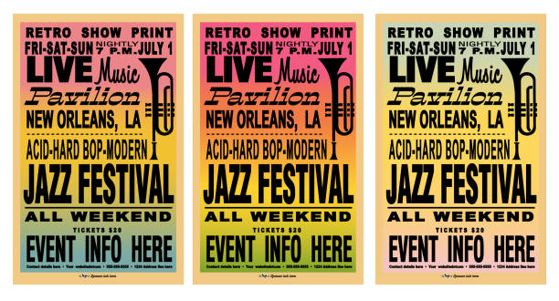 Vector illustration of a set of Jazz Festival Hatch style retro poster typography design template with gradient background and trumpet. Easy to customize fully editable vector eps. High resolution jpg and vector eps in download.