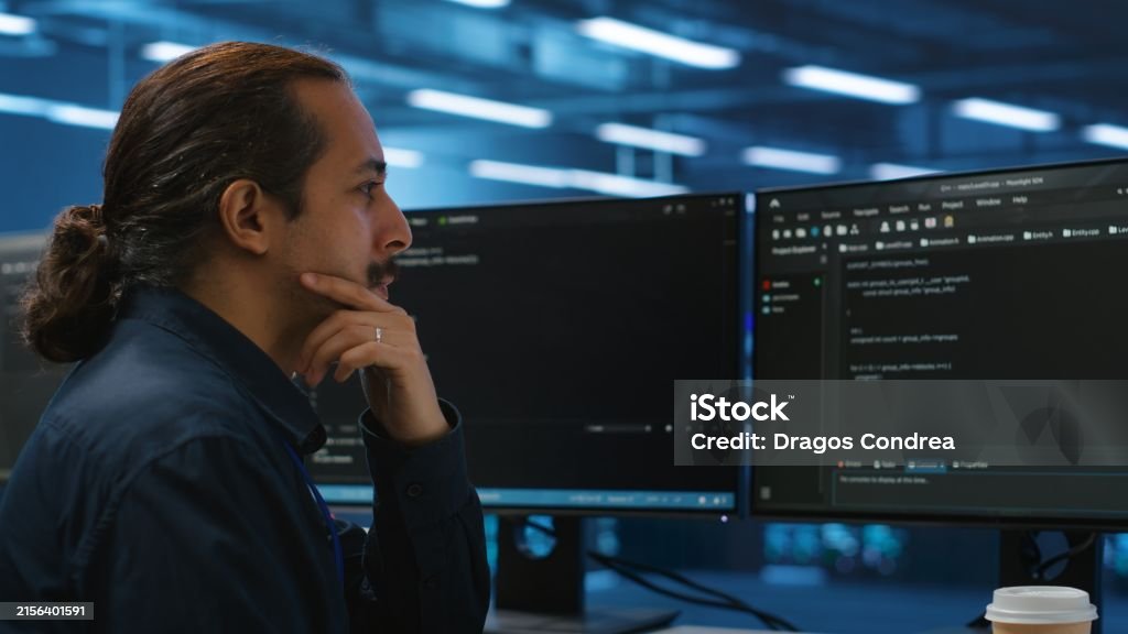Computer Scientist In Server Hub Doing System Analysis Coding Stock ...