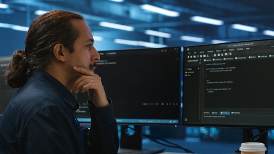Computer Scientist In Server Hub Doing System Analysis Coding Stock ...