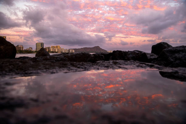 A stunning sunset over Waikiki Beach, Hawaii, with vibrant clouds and the iconic Diamond Head in the background.