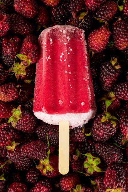 istock Red ice cream stick on many fresh blackberries 2156417374