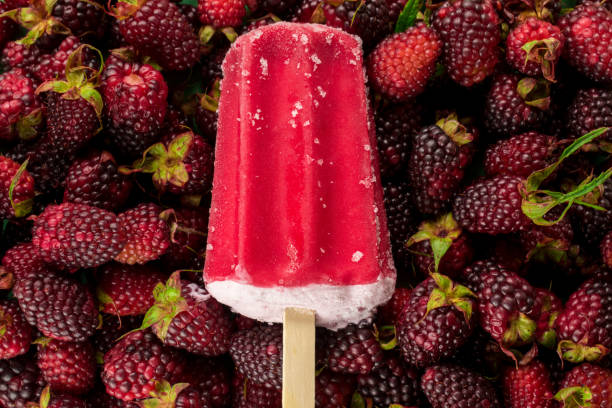 istock Red ice cream stick on many fresh blackberries 2156417375