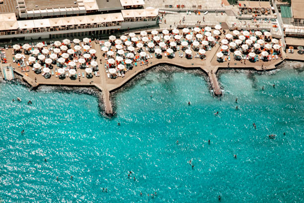 summer beach club from aerial look