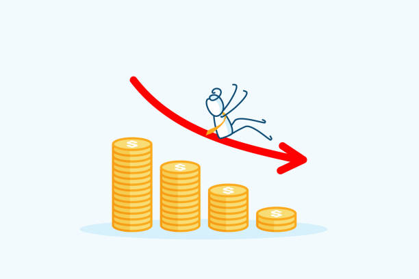 istock businessman stick figure character sliding falling down from coins pile. Business failure, economic crisis, bankruptcy concept, down chart negative arrow. hand drawn style vector doodle illustration 2156428301