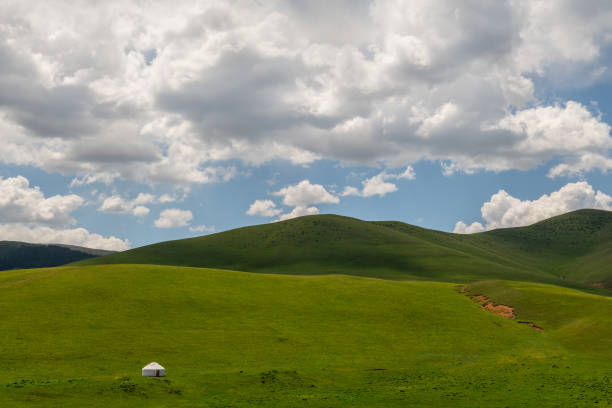 Lonely yurt (traditional nomadic dwelling) on a high mountain plateau in the first summer days