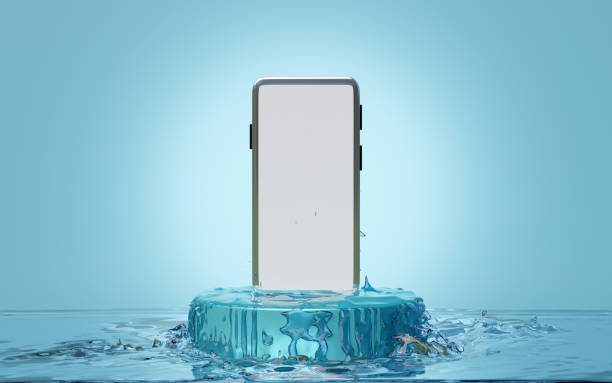 istock Podium and smartphone rising from the water, Mobile smart phone waterproof. 3d render illustration 2156431614