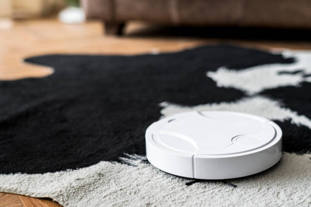 istock Robotic vacuum cleaner on an animal print rug 2156434722