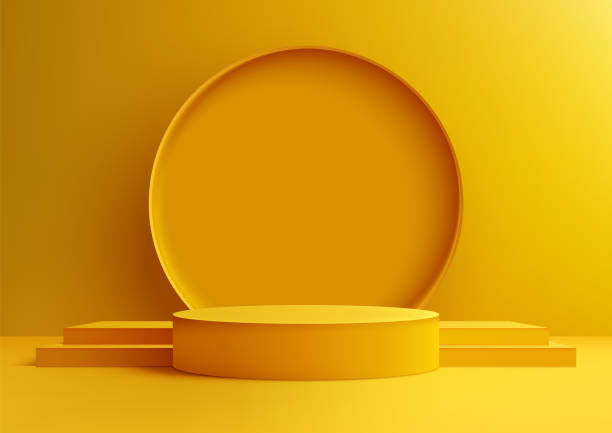 istock Bright Yellow 3D Podium and Stairs with Circular Backdrop Against Yellow Background for Modern Product Display Mockup 2156435042
