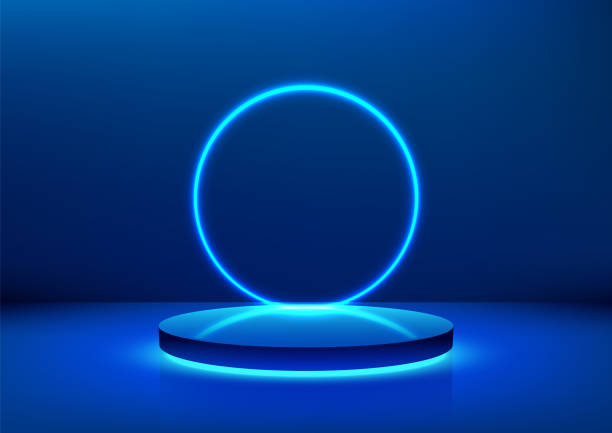 istock 3D blue podium with neon light circle glows behind a podium in a dark room, technology concept 2156435044