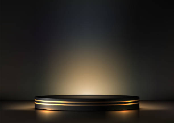 istock Luxury 3D Sleek Black Podium with Gold Trim Under Spotlight for Product Display, Showroom, Showcase 2156435053