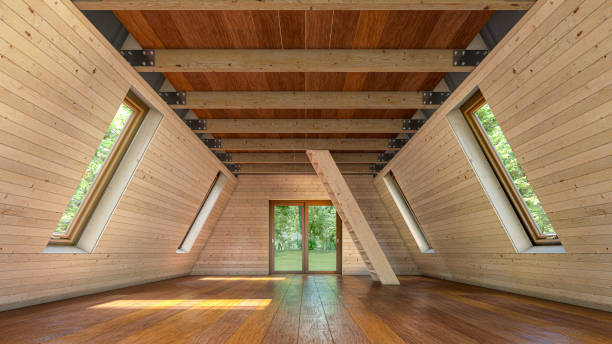 Building A-frame wooden house interior. 3d illustration