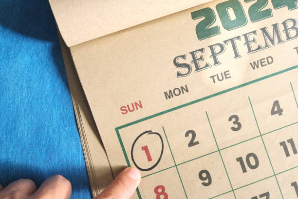 istock Hand pointing on September 1 2024 date on calendar flat lay in blue background. First day of the month reminder. 2156437282