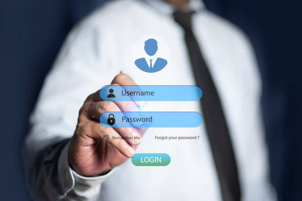 Cybersecurity concept. Business person login screen. Secure cyber password protect, Encryption with a key lock icon on the virtual interface. Cyber safe from virus, Personal information.