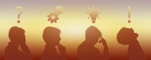 Stages of Thought: Question to Idea Realization Sequence This image artistically symbolizes the progression of thinking stages, from questioning to an epiphany, set against a warm gradient backdrop. question mark people one person silhouette stock pictures, royalty-free photos & images