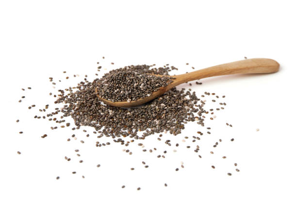 istock Chia Seed on spoon and scattered isolated on white background. Chia Seed is a small grain. will swell when soaked in water. many nutrients Contains omega-3, protein, fiber,  antioxidants and vitamin. 2156446142