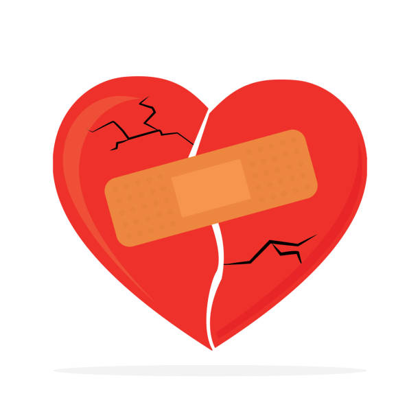 istock Reconciliation concept. Love couple reconciled, broken heart with patch. Restore love. Cracked heart with injury tape plaster. Icon isolated on white background. 2156446633