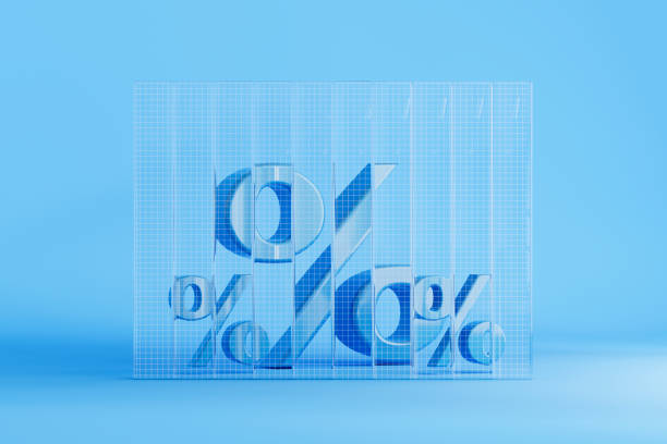 Percentage sign behind glass wall on blue background. Digitally generated image. 3d render.