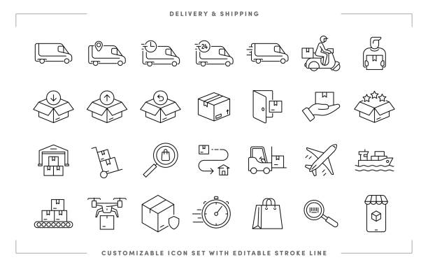 Delivery and Shipping Customizable Line Icon Set with Editable Stroke Delivery and Shipping Customizable Line Icon Set contains such icons as barcode reader, fast shipping, doorstep delivery, product review, warehouse, order tracking, and so on. Editable Stroke, Customizable Stroke Width, and Adjustable Colors. bundle stock illustrations