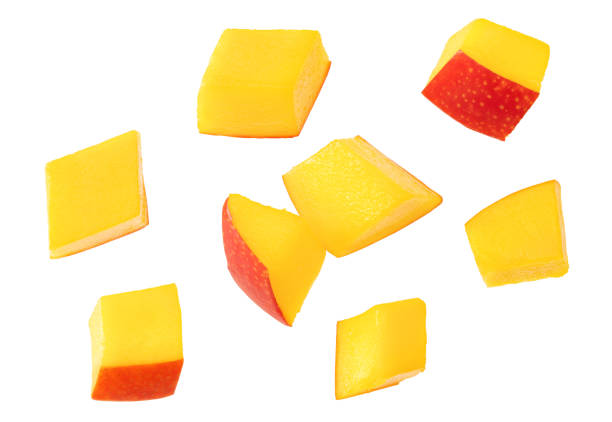istock pieces of fresh mango isolated on white background. clipping path 2156450461