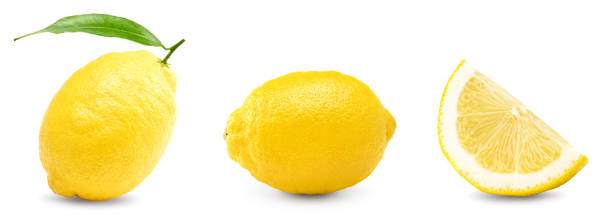 istock lemon with slice and green leaves isolated on white background. clipping path 2156450542