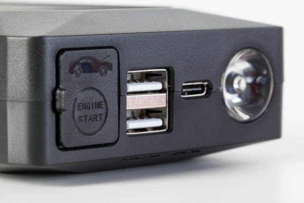 istock Power bank for starting a car engine with a flashlight. USB connectors, close-up 2156452011