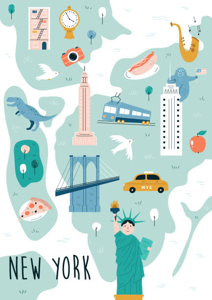 Hand drawn vector map of New York city, USA with famous landmarks and symbols. Hand drawn vector map of New York city, USA with famous landmarks and symbols. Perfect for tourist posters, graphic prints, t-shirts, travel magazines famous american landmark drawing stock illustrations