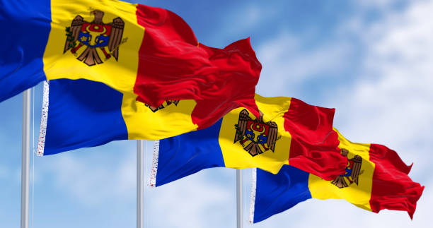 istock Moldova national flags waving in the wind on a clear day 2156456842