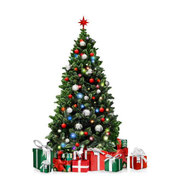 istock Decorated Christmas tree with presents isolated on white 2156457419