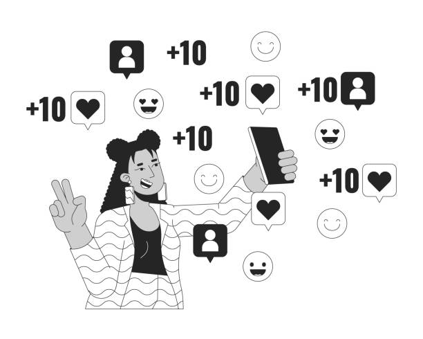istock Blogger posing on smartphone camera for followers black and white 2D line cartoon character 2156457435