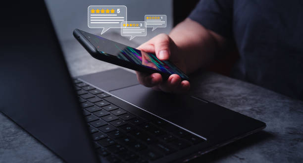 Woman use smartphone to rate service experience on online application.