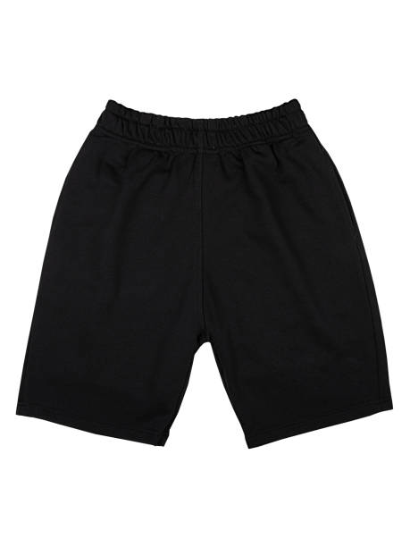 istock Black cotton shorts trousers mockup isolated on white background, top view, front view. Clothes template for advertising, design, branding, text, print. 2156465403