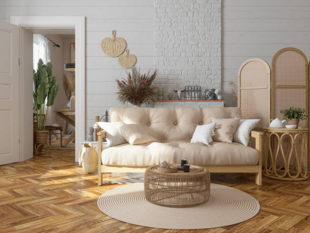 istock Living Room Interior With Sofa, Wicker Coffee Table, Brick Wall And Parquet Floor 2156466021
