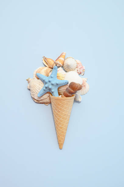 istock Seashell and starfish in an ice cream cone on a blue background with copy space fot text. 2156466194